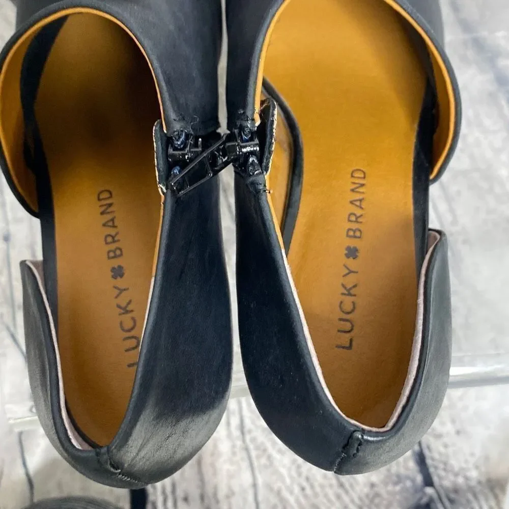 Lucky‎ Brand Jaxy  Leather Open Peep Toe Wedge Sandal Black 7.5 New